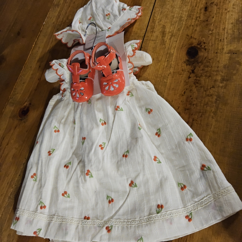 White Cherry-Print Girls' Formal Dress with Coral Shoes